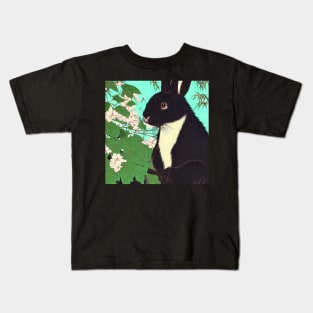 Cute Floral Black Fuzzy Lop Rabbit with Binkying Eyes Innocent Bunny Expression Emotional Animal Kids T-Shirt